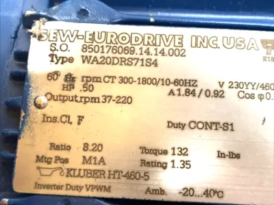 Used SEW-Eurodrive SPIROPLAN 3-Phase Right-Angle Gearmotor 0.18kW BLUE Gearmotors Michigan US | Maverick Industrial Sales #1394421