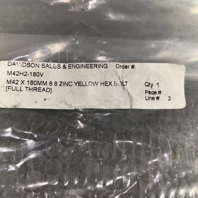 Davidsons M42x180 MM 8.8 Zinc Yellow Hex Bolt Full Thread M42H2-180V Warranty
