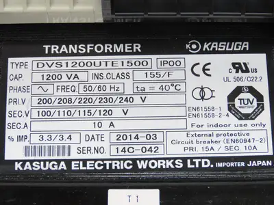 Kasuga DVS1200UTE1500 Control Transformer 1200VA 1.2kVA 1Ph Pri 240V Sec 120V