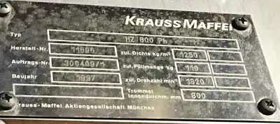 Krauss-Maffei HZ 800 Ph CIP peeler centrifuge, 316SS.