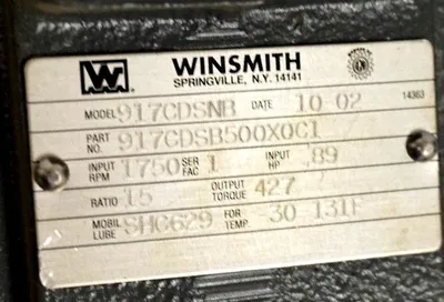 USED WINSMITH S17CDSB500X0C1 SPEED REDUCER 15 RATIO, 89 HP, 1750 RPM