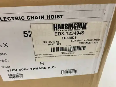 USED KITO, HARRINGTON ELECTRIC CHAIN HOIST 525LBS. 10FT 120V
