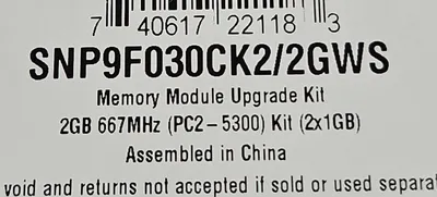 DELL SNP9F030CK2/2GWS Memory Module Upgrade Kit (2x1GB) 667MHz. 3B-25
