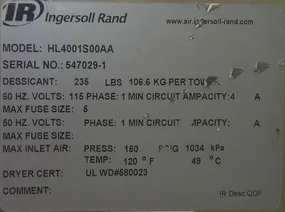 SPC9315  Compressor Ingersoll Rand air dryer model HL4001S00AA, 400 cfm