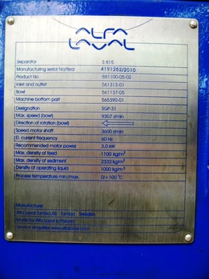 Alfa-Laval S-815 fuel/lube oil purifier, 316SS.