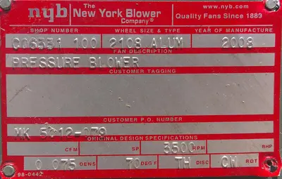 SPC9183  Blower 2,000 cfm centrifugal fan New York Blower size 2108 Alum wheel 15 hp, CS