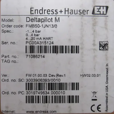 NEW ENDRESS HAUSER FMB50-1JN13/0 HYDROSTATIC LEVEL MEASUREMENT FMB501JN130