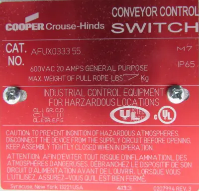 NEW CROUSE HINDS AFUX033355 CONVEYOR BELT CONTROL SWITCH