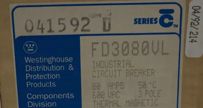 NEW WESTINGHOUSE FD3080VL CIRCUIT BREAKER SER. C, 80A, 600VAC, 3 POLE