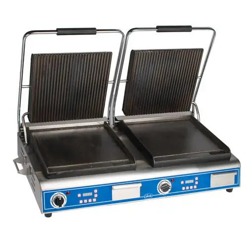 Globe GPGSDUE14D Double Commercial Panini Press w/ Cast Iron Grooved & Smooth Plates, 208-240v/1ph