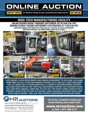 ONLINE AUCTION – BY ORDER OF OWNER OF HIGH TECH MANUFACTURING FACILITY