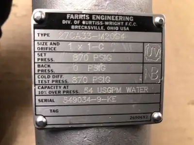 Farris Engineering 27CA33-M20S4 1″ SS Pressure Relief Valve 870PSIG 54GPM