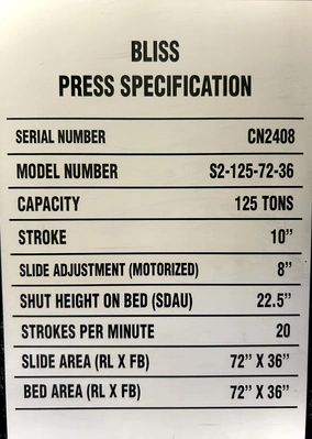 USED BLISS BLISS S2-125-72-36 PRESS