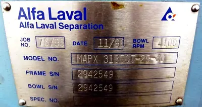 Alfa-Laval MAPX 313 TGT-29-60 oil purifier, 329SS.