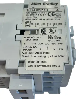 ALLEN BRADLEY 100-C09UD10 CONTACTOR SER.A 100C09UD10 NEW, SURPLUS