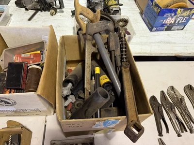 Large lot of assorted hand tools, includes saws, wrenches, sockets, drill bits, Allen extensions, pl...