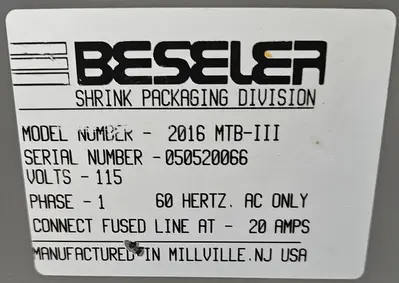 USED BESELER 2016-MTB-III           TUNNEL: TD-16-10