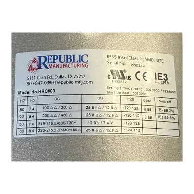 New | in-Stock REPUBLIC BLOWER SYSTEMS HRC800 Blowers West Virginia US | JM Industrial #1332447