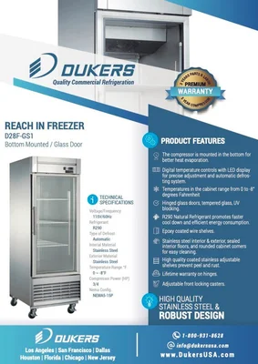 New | in-Stock Dukers New Dukers D28F-GS1 Bottom Mount Glass Single Door Commercial Reach-in Freezer Display Freezers Illinois US | Falcon Restaurant Supply #1376376
