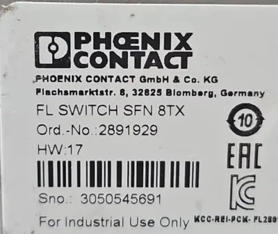 Phoenix Contact FL SWITCH SFN 8TX Ethernet Switch 8-Port 2891929 (BIN3.4.5)