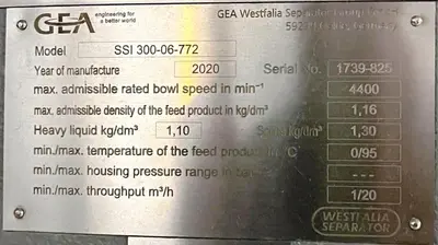 (7) GEA Westfalia SSI 300-06-772 vegetable protein clarifier centrifuges, 316SS.