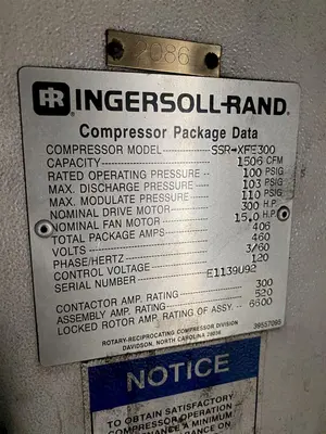 300 HP (1500 CFM) INGERSOLL RAND MODEL SSR-XFE300 ROTARY SCREW AIR COMPRESSOR: STOCK #13544