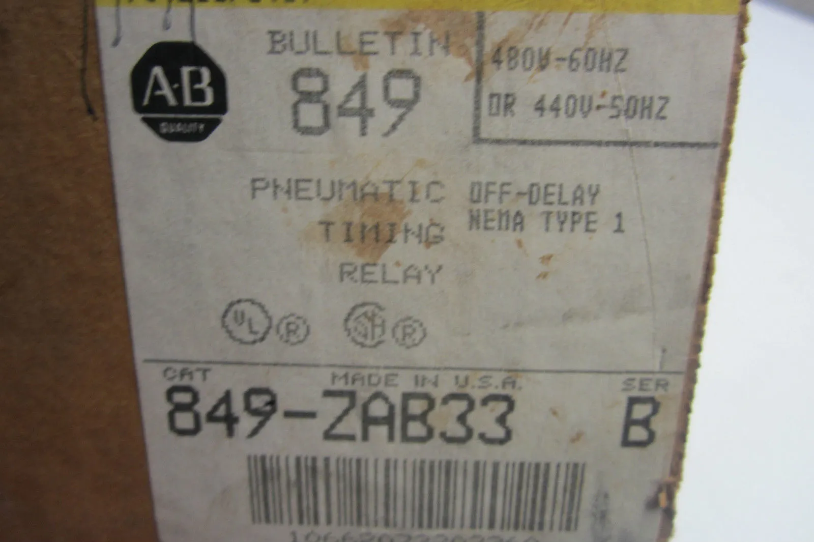 NEW ALLEN BRADLEY 849-ZAB33 PNEUMATIC TIMING RELAY SER.B 849ZAB33