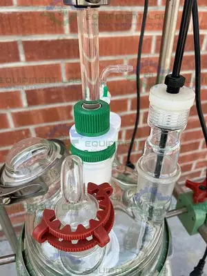 USED CHEMGLASS 20 LITER JACKETED GLASS REACTOR W/ CHEMGLASS OVERHEAD STIRRER
