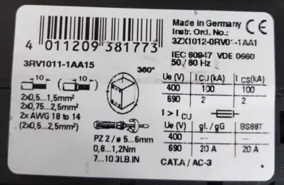 Siemens 3RV1011-1AA15 Circuit Breaker Loc 4D1