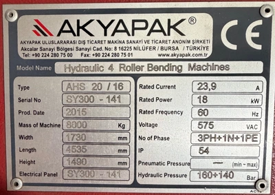 2015 AKYAPAK AHS 20/16 Plate Bending and Slip Roll | Kempler Machinery (3)