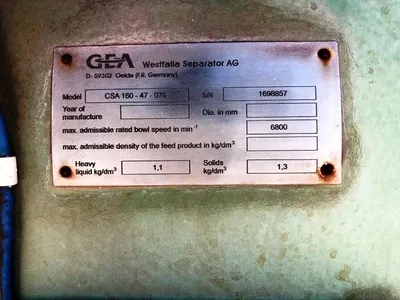 Westfalia CSA 160-47-076 hermetic super-clarifier, SS.