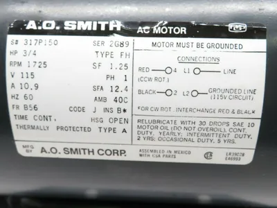 USED A 0 SMITH 317P150 AC MOTOR SERIES 2G89 TYPE FH 3/4 HP 1725 RPM