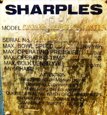 Sharples PM-36,000 Super-D-Canter centrifuge, 316SS.