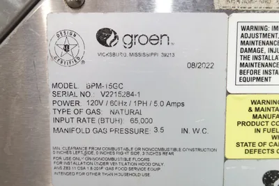 2022 GROEN 15 GALLON NATURAL GAS BRASING TILTING SKILLET MODEL BPM-15GC