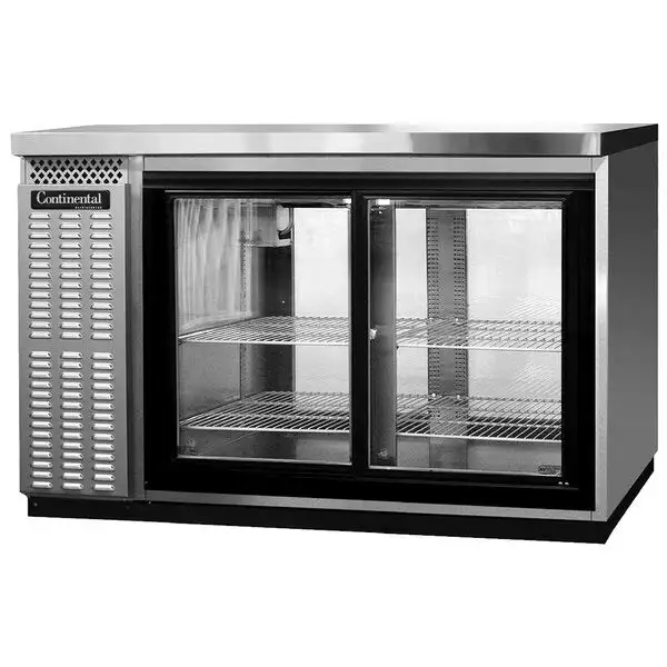 New | in-Stock Continental Old Stock Continental 50" Stainless Pass-Through Glass Door Back Bar Refrigerator 120V Bottle Coolers Illinois US | Falcon Restaurant Supply #1375780