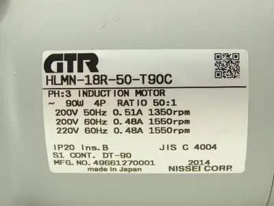 Nissei HLMN-18R-50-T90C GTR Inline Gearmotor 50:1 Ratio 90W 31rpm 220V 3PH