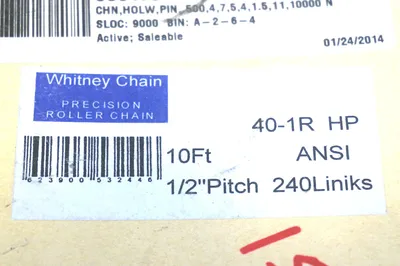 NEW WHITNEY CHAIN 40-1R HP PRECISION ROLLER CHAIN 10FT 401RHP