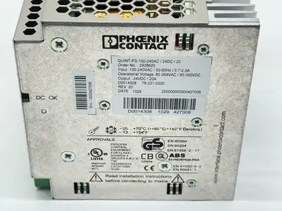 Quint-PS-100-240AC/24DC/20 | Phoenix Contact QUINT-PS-100-240AC/24DC/20 REV. 20 Power Supply 2938620 - Used