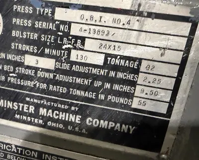 Used MINSTER #4 O.B.I. Presses New Jersey US | Wenco Machinery #782912