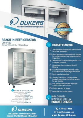 New | in-Stock Dukers New Dukers D55R-GS2 Bottom Mount Glass 2-Door Commercial Reach-in Refrigerator Display Refrigerators Illinois US | Falcon Restaurant Supply #1376294