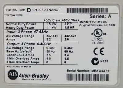 Allen-Bradley 20BD3P4A3AYNANC1 PowerFlex 700 Loc1C9