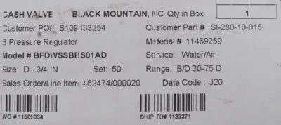 NEW CASH VALVE BFDWSSBBS01AD PRESSURE REDUCING VALVE 3/4" SET AT 50PSI