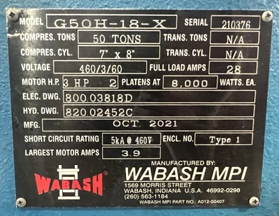 Used WABASH WABASH G50H-18-X PRESS Hydraulic Presses Michigan US | Alma Machinery #1424485