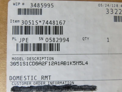 Rosemount 3051S1CD0A2F12A1AB1K5M5L4 , Cal. 0-3" H2O Unused