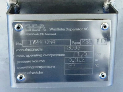 Westfalia MSE 500-01-777 warm milk separator, 316SS.