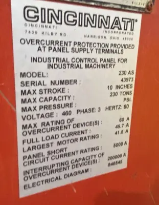 230 TON X 10' CINCINNATI MODEL #230-8AS HYDRAULIC CNC PRESS BRAKE W/ UPGRADED CONTROLS: STOCK #19386